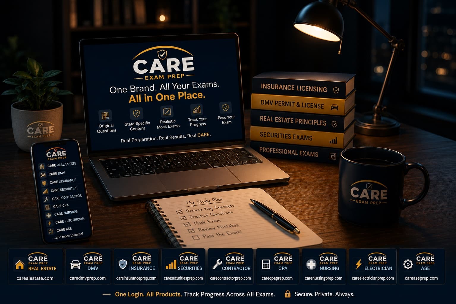 The CARE Exam Prep family of products — CARE Real Estate, CARE DMV, CARE Insurance, CARE Securities, CARE Contractor, CARE CPA, CARE Nursing, CARE Electrician, and CARE ASE — one login, all products, track progress across all exams.