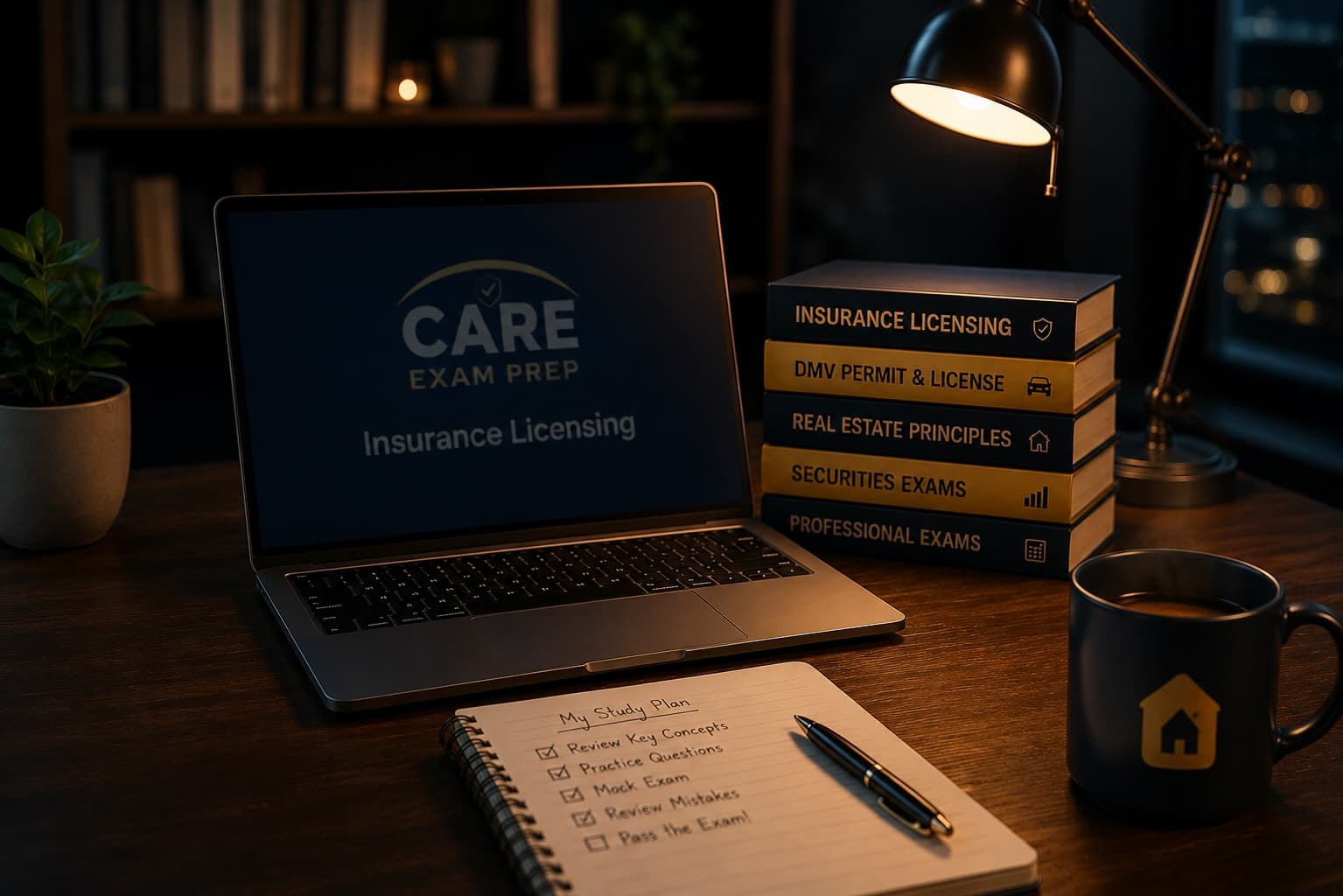 Laptop showing the CARE Exam Prep Insurance Licensing product screen, next to a stack of study books labeled Insurance Licensing, DMV Permit & License, Real Estate Principles, Securities Exams, and Professional Exams, on a desk with a notebook study plan and coffee